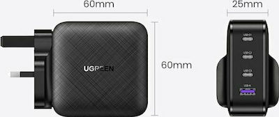 Ugreen Charger Without Cable with USB-A Port and 3 USB-C Ports 65W Power Delivery / Quick Charge 2.0 / Quick Charge 3.0 / Quick Charge 4+ / Quick Charge 4.0 Black (CD224)