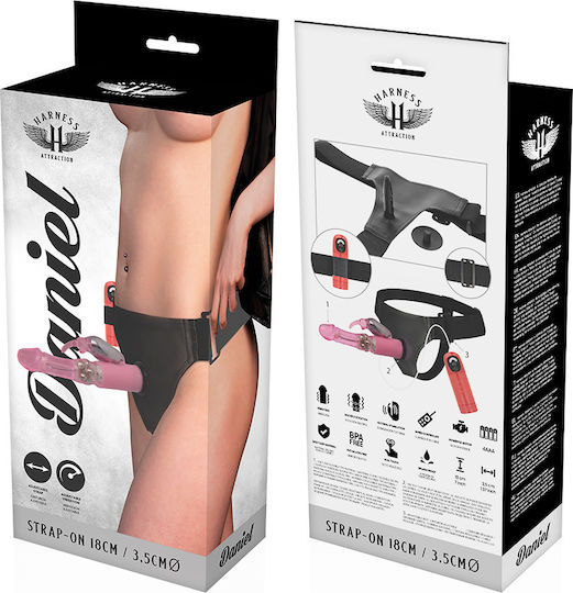 Harness Attraction Daniel Vibration & Rotation Harnașament cu Dildo 18cm și Vibrație în Culoare Roz