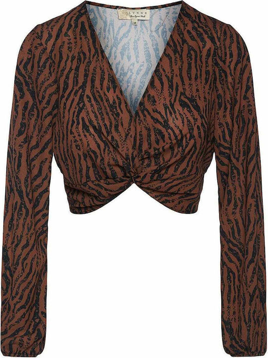 Women's Crop Top Long Sleeve with V Neckline Animal Print Brown