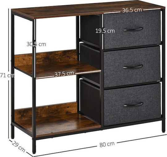 Wooden & Metallic Chest of Drawers with 3 Drawers Gray 80x29x71cm
