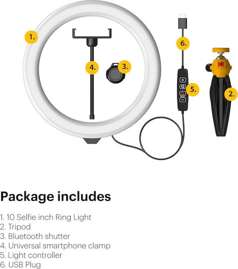 Kodak Selfie Light 10 Ringlichter 25cm 3500 - 5500K mit Desktop Ständer/Halterung und Handyhalter