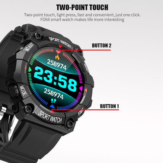 FD68 Smartwatch with Heart Rate Monitor (Black)