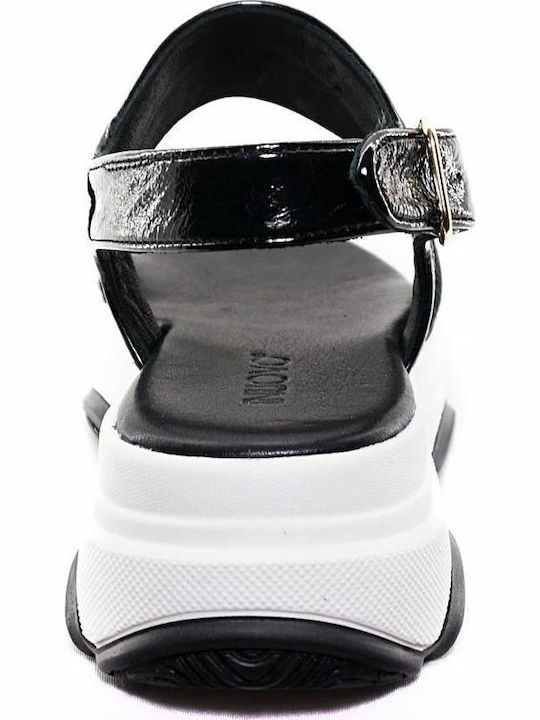 Leather Women's Flat Sandals Sporty Flatforms in Black Color