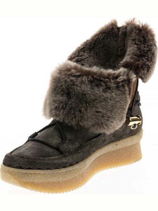 18KI8852 Wildleder Damen Stiefeletten Ankle Boots mit Pelz Braun