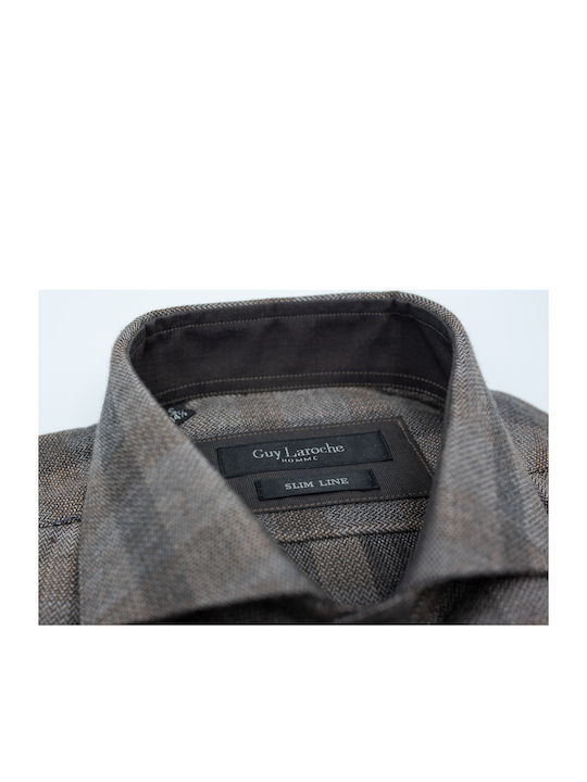 Guy Laroche Men's Shirt Long Sleeve Cotton Checked Brown