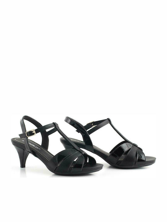 Piccadilly Patent Leather Women's Sandals Black with Thin Medium Heel