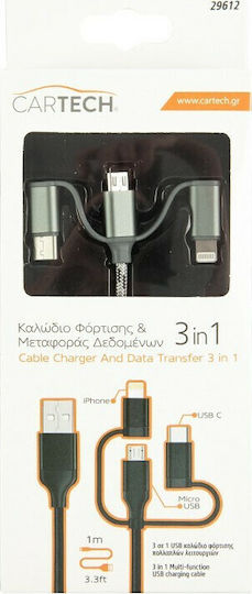 Cartech Braided USB to Lightning / Type-C / micro USB 1m Cable (29612)