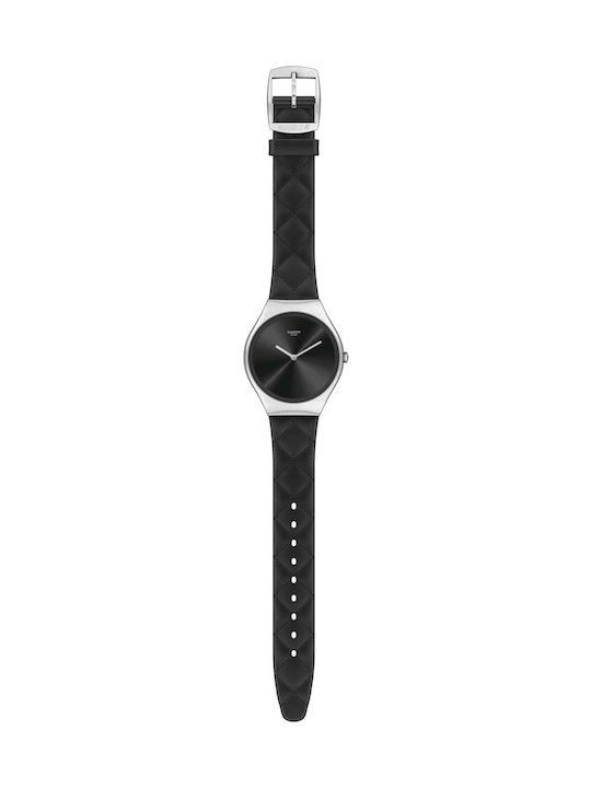 Swatch Black Quilted Watch with Black Leather Strap