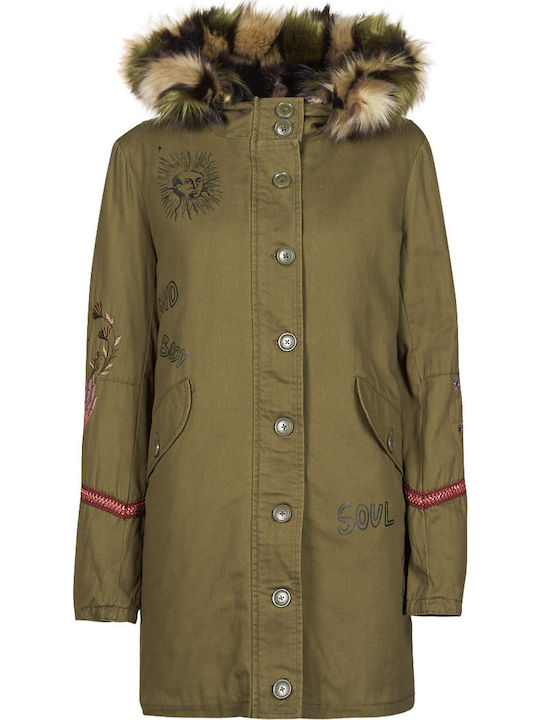 Lisboa Women's Long Parka Jacket for Winter with Hood Khaki