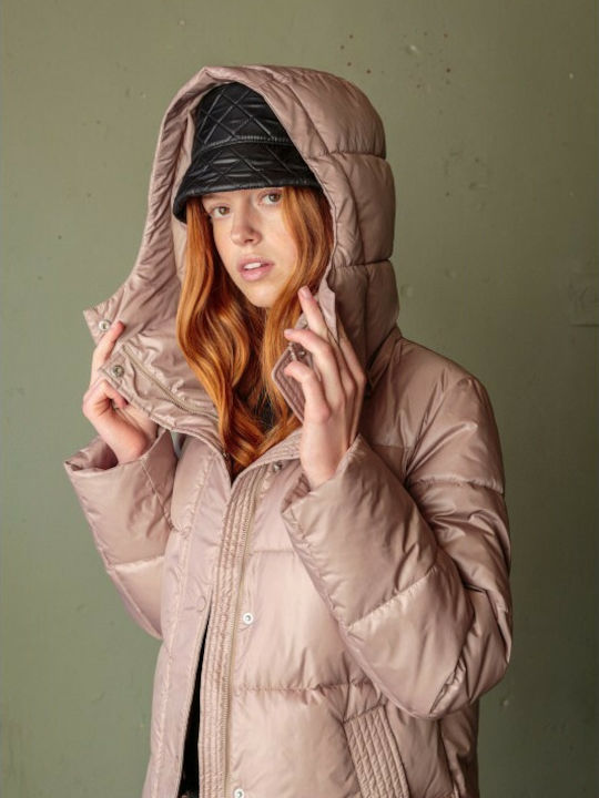 Splendid 46-101-055 Women's Long Puffer Jacket for Winter with Detachable Hood Beige