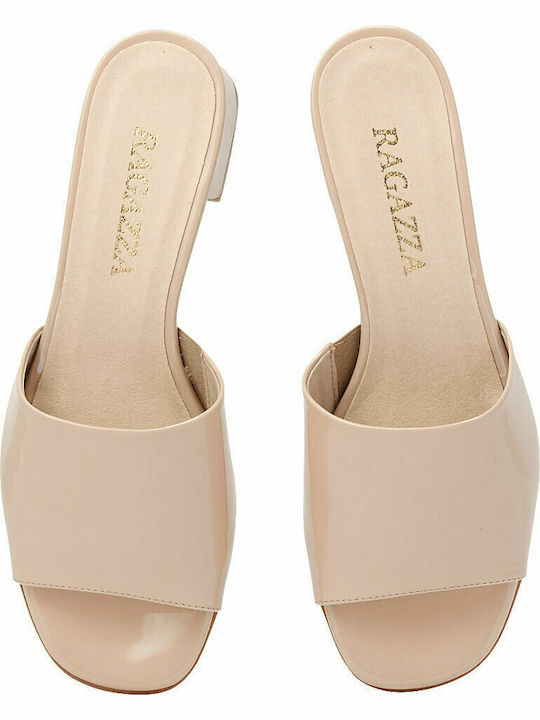 Mules with Chunky High Heel in Beige Color