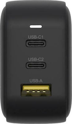 Unitek USB-A / 2x USB-C Wall Adapter 66W Μαύρο (TRI GaN)