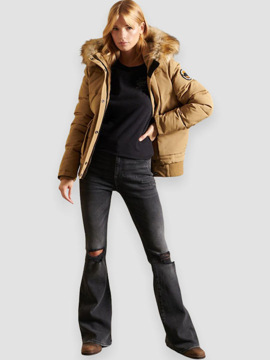 Everest Kurz Damen Puffer Jacke mit pelziger Kapuze für Winter Camel