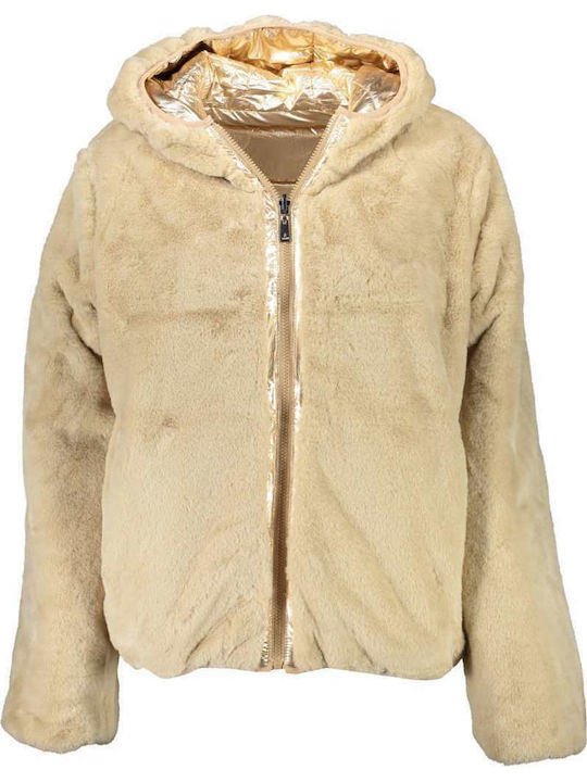 Women's Short Puffer Jacket Double Sided for Winter with Hood Gold