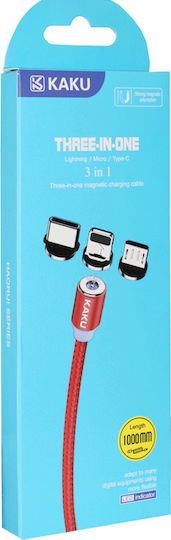 Kakusiga KSC-320 Braided / Magnetic Cablu USB la Lightning / Type-C / micro USB cu mai multe porturi 3A Roșu 1m