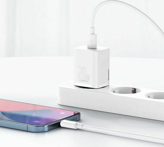 Baseus Φορτιστής με Θύρα USB-C και Καλώδιο USB-C - Lightning 20W Power Delivery Λευκός (Super Si)