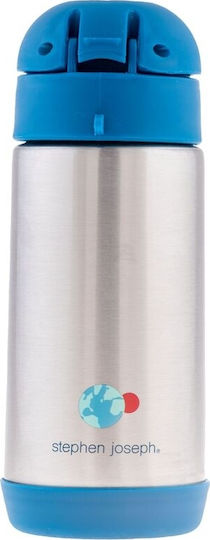 Stephen Joseph Spaceship Kids Water Bottle Thermos Stainless Steel with Straw Non Spill Blue 350ml