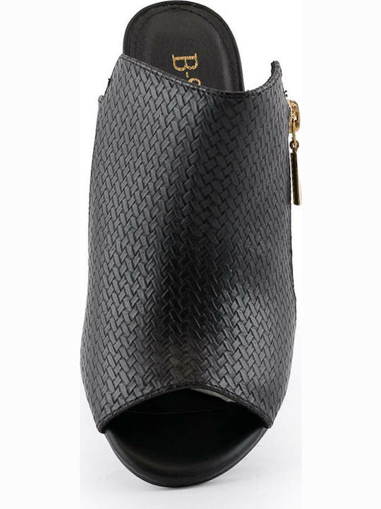 Leather Mules with Chunky High Heel in Black Color