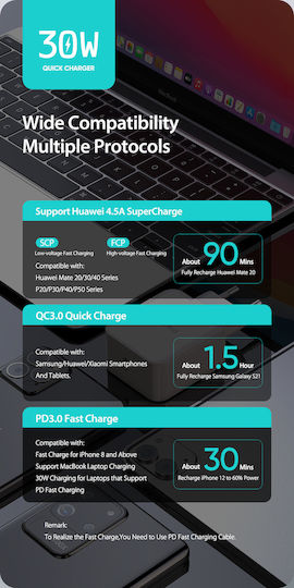 Dux Ducis Incarcător Fără Fir Cu Port USB-C 30W SuperCharge Livrarea Energiei Quick Charge 3.0 Alb C100