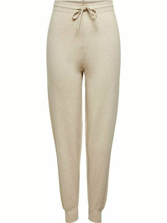 Women's High-waisted Fabric Trousers with Elastic Slim Fit Beige