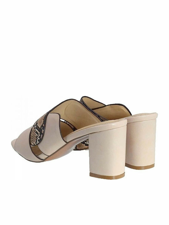 Leder Mules mit Chunky Niedrig Absatz in Beige Farbe