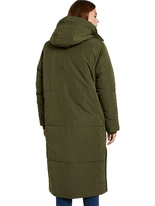 Tom Tailor Women's Long Puffer Jacket for Winter with Hood Deep Olive Green