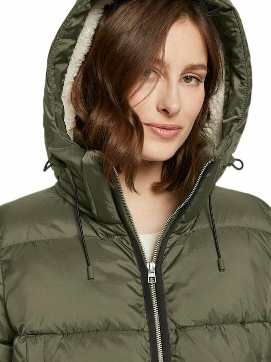 Women's Short Puffer Jacket for Winter with Hood Deep Olive Green