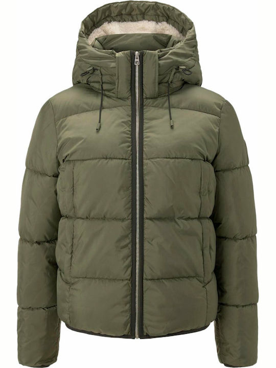 Women's Short Puffer Jacket for Winter with Hood Deep Olive Green