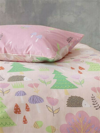 Nima Pretty Forest Set Husă de Pilotă pentru Copii, Single, cu Față de Pernă din Bumbac, Roz, 160x240 cm