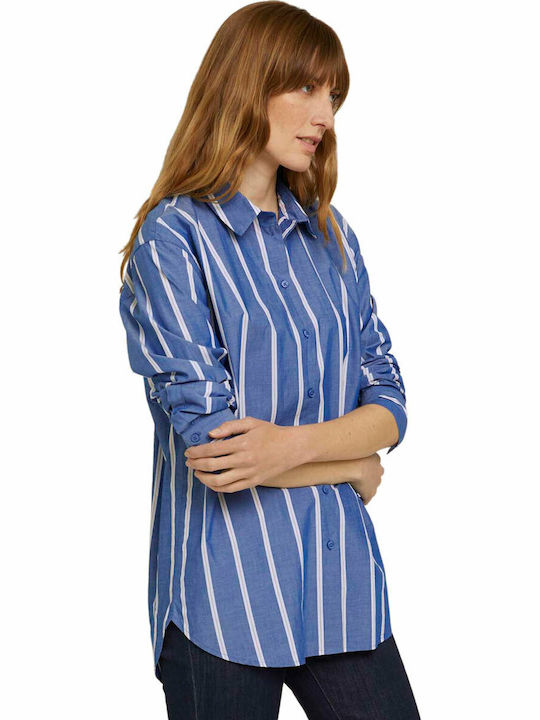 Poplin Women's Striped Long Sleeve Shirt Blue
