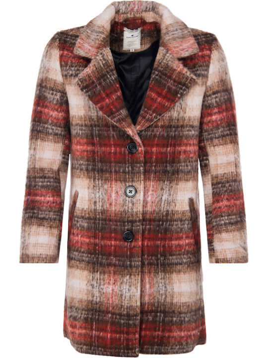 Women's Checked Brilliant Red Coat with Buttons