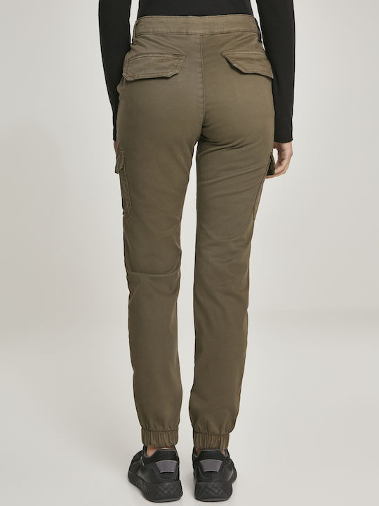 Women's High-waisted Fabric Cargo Trousers with Elastic Olive