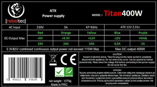 Rebeltec Titan 400W Black Computer Power Supply Full Wired