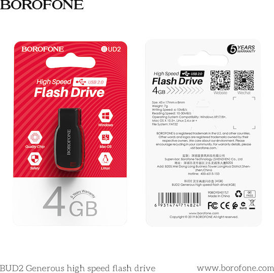 Borofone BUD2 4GB USB 2.0 Stick Black