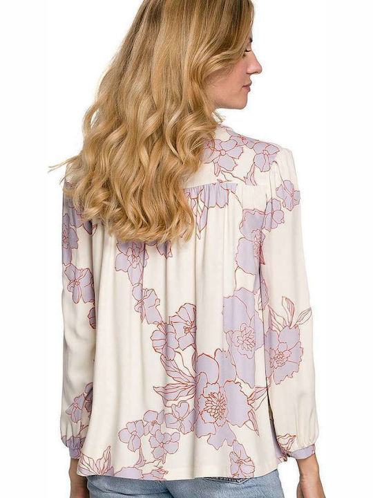 Makover K099 Women's Blouse Long Sleeve Floral Beige