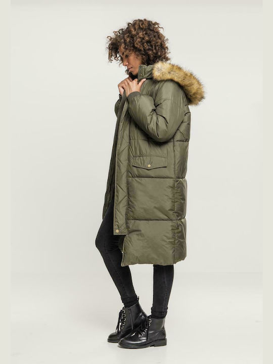 Urban Classics TB2382 Women's Long Puffer Jacket for Winter with Detachable Hood Khaki