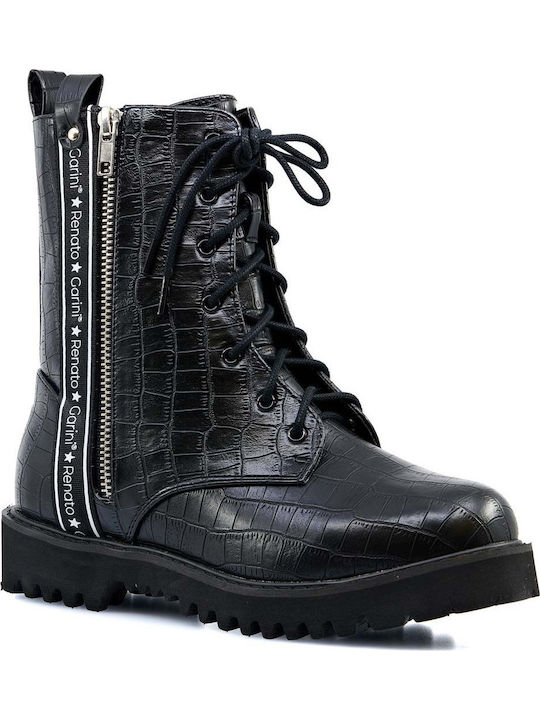 Renato Garini Kids Leather Anatomic Military Boots with Zipper Black