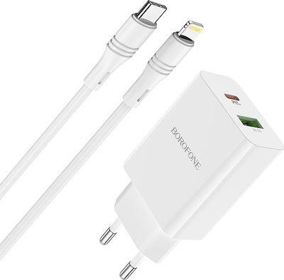 Borofone Φορτιστής με Θύρα USB-A και Θύρα USB-C και Καλώδιο Lightning 20W Power Delivery Λευκός (BA56A)