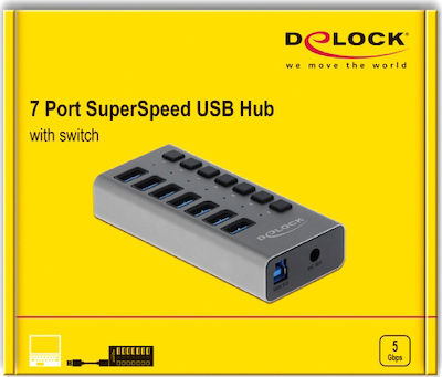 DeLock USB 3.0 Hub 7 Θυρών με σύνδεση USB-A & Θύρα Φόρτισης και Εξωτερική Παροχή Ρεύματος