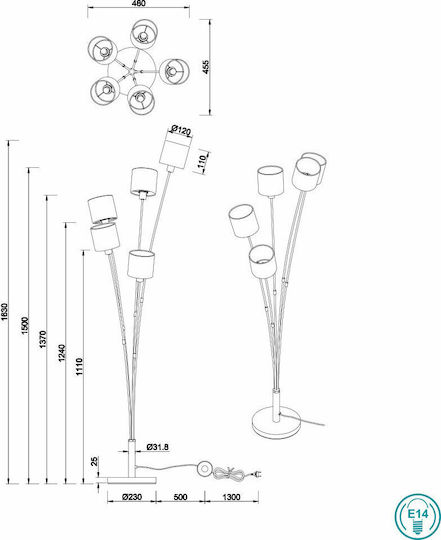 Trio Lighting Tommy Floor Lamp H163xW48cm. with Socket for Bulb E14 Black