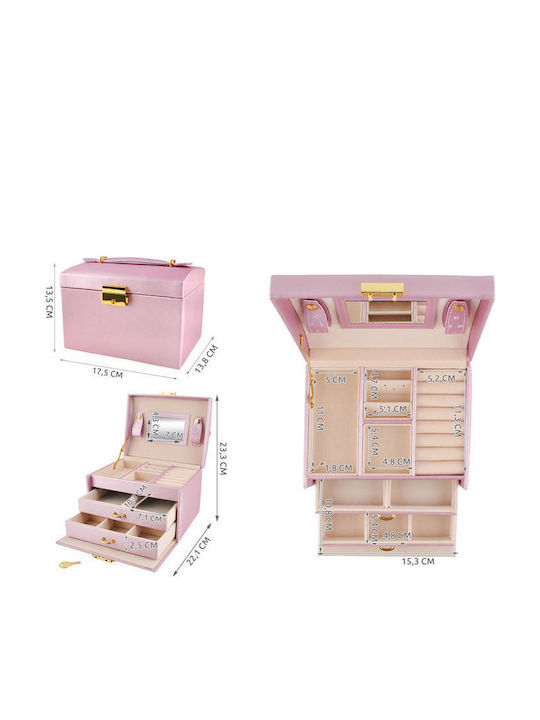 Beautylushh Jewellery Box Made of Faux Leather with Drawer & Mirror Pink 17.5x13.8x17.5cm