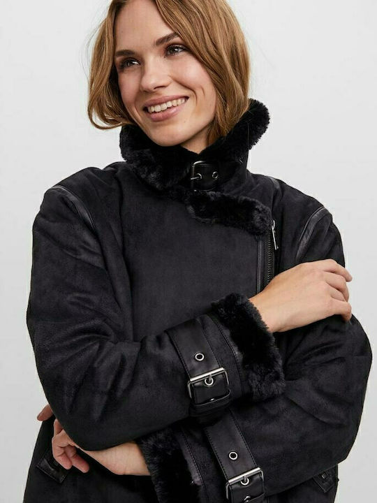 Μουτόν Γυναικείο Biker Jacket με Επένδυση Γούνας Μαύρο