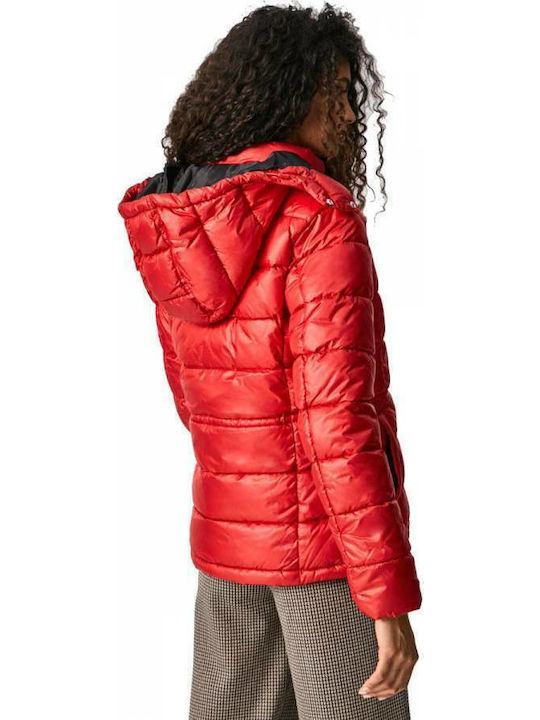Camille Women's Short Puffer Jacket for Winter with Hood Red