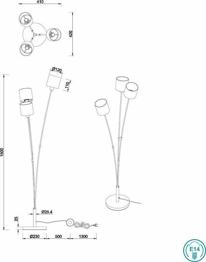 Trio Lighting Tommy Floor Lamp H150xW41cm. with Socket for Bulb E14 Black