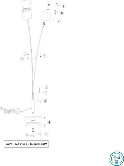 Trio Lighting Tommy Floor Lamp H150xW41cm. with Socket for Bulb E14 Black