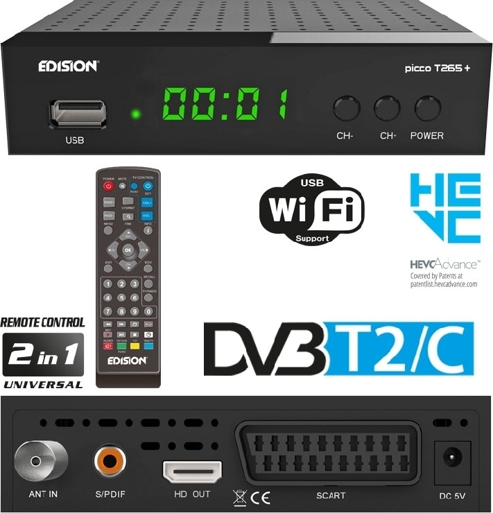 EDISION Picco T265 Full HD H.265 HEVC Terrestrial FTA Receiver T2, (1x  DVB-T2, USB, HDMI, SCART, S/PDIF, IR Eye, USB Support, 2-in-1 Remote  Control