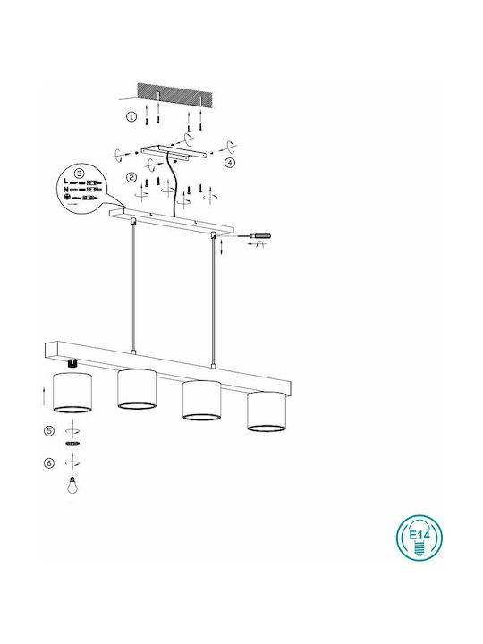 Trio Lighting Cameron Adjustable Pendant Light Black Rail for 4 Bulbs E14, E.14 75x150cm