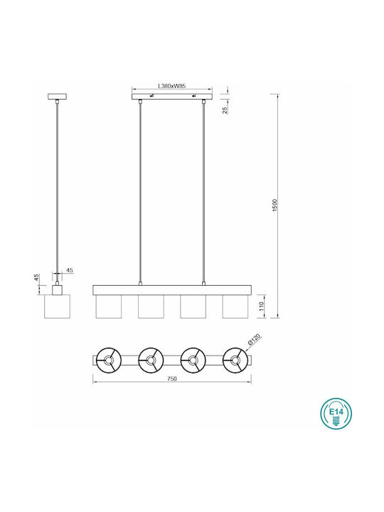 Trio Lighting Cameron Adjustable Pendant Light Black Rail for 4 Bulbs E14, E.14 75x150cm
