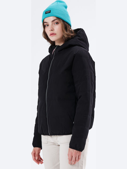 Women's Short Puffer Jacket Waterproof and Windproof for Winter with Hood Black