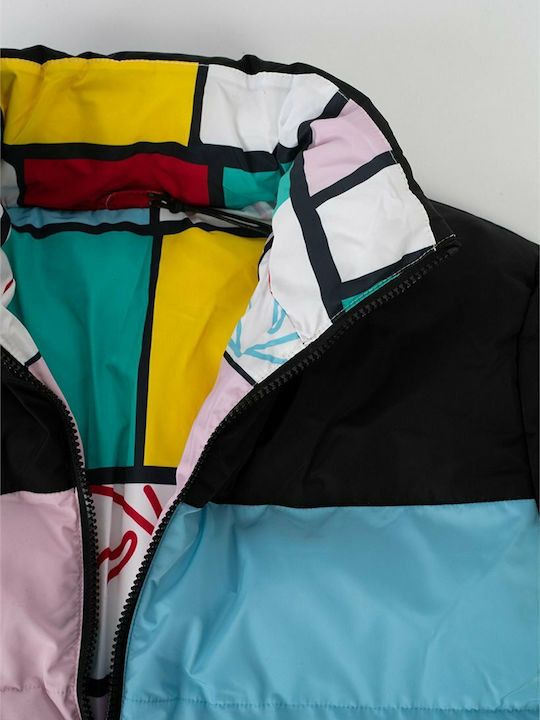 Reversible Women's Short Puffer Jacket Double Sided for Winter Black/Pink/Light Blue